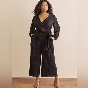 Arula Womens Jumpsuit Wide Leg Ribbed V-neck Belted Satin Black Party Event 2X B